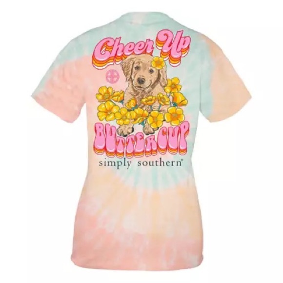 NWT Simply Southern pastel tie dye cheer up buttercup dog & flowers graphic tee - Picture 1 of 3